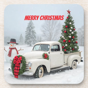Vintager LKW mit Weihnachtsbaum und Schneemann Getränkeuntersetzer