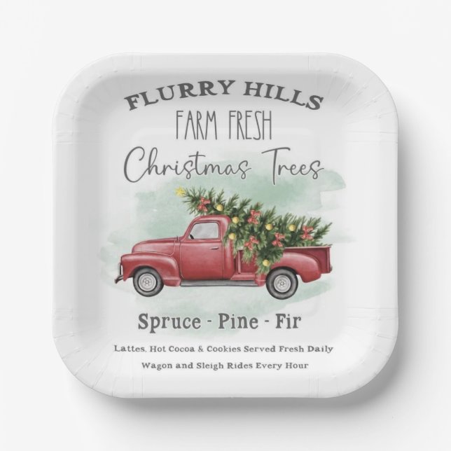 Vintager LKW mit Weihnachtsbaumfarm Frisch Pappteller (Vorderseite)