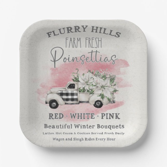 Vintager LKW mit weißer Poinsettienfarm Fresh Pap Pappteller (Vorderseite)