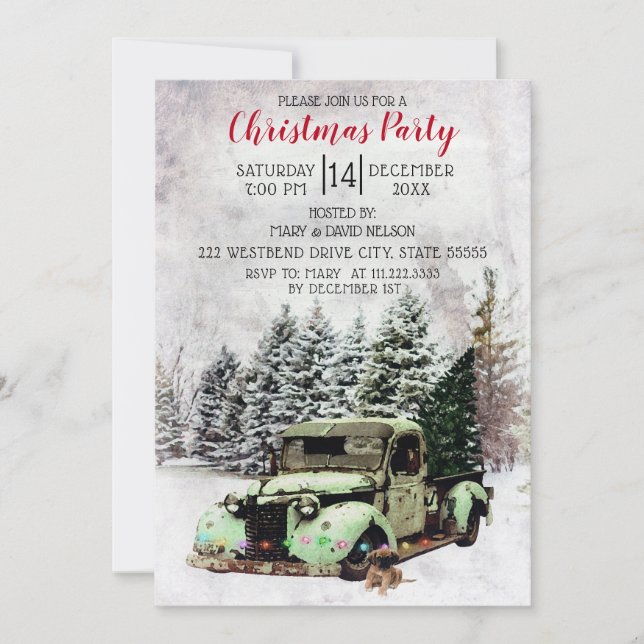 Vintager LKW mit Welpenweihnachtseinladung Einladung (Vorderseite)