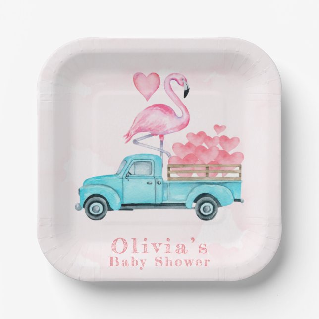 Vintager LKW Pink Flamingo Herz Dusche Pappteller (Vorderseite)