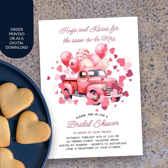 Vintager LKW Pink Valentine Brautparty Einladung (Valentine Bridal Shower Invitation with pink vintage truck and love hearts)