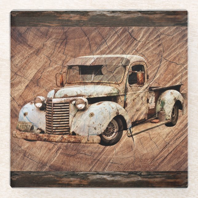 Vintager LKW Rustikaler Untersetzer aus Holzglas (Vorderseite)