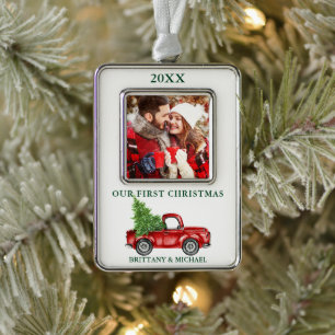 Vintager LKW Unser erstes Weihnachtskuchen Foto Gr Rahmen-Ornament Silber