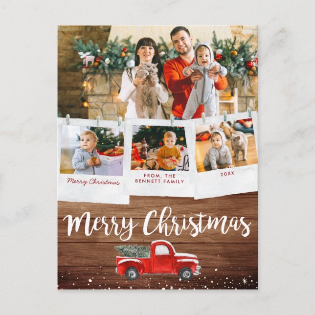 Vintager LKW Weihnachten | Clothespin FotoCollage Postkarte (Vorderseite)