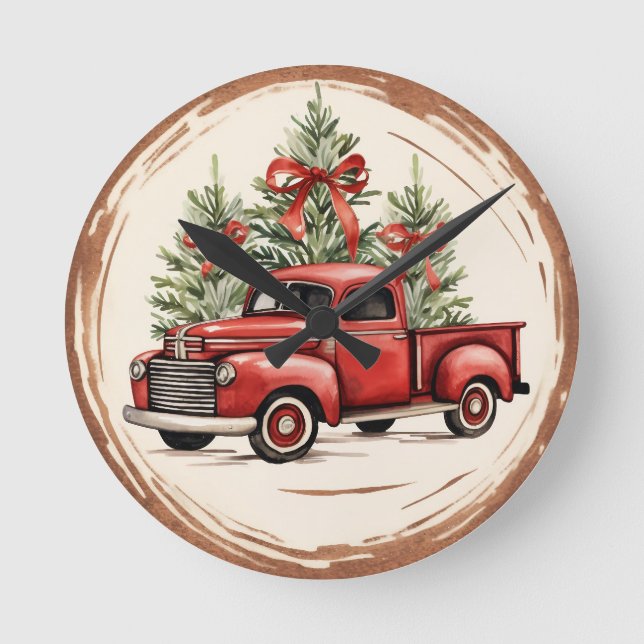 Vintager LKW Weihnachten Runde Wanduhr (Vorderseite)