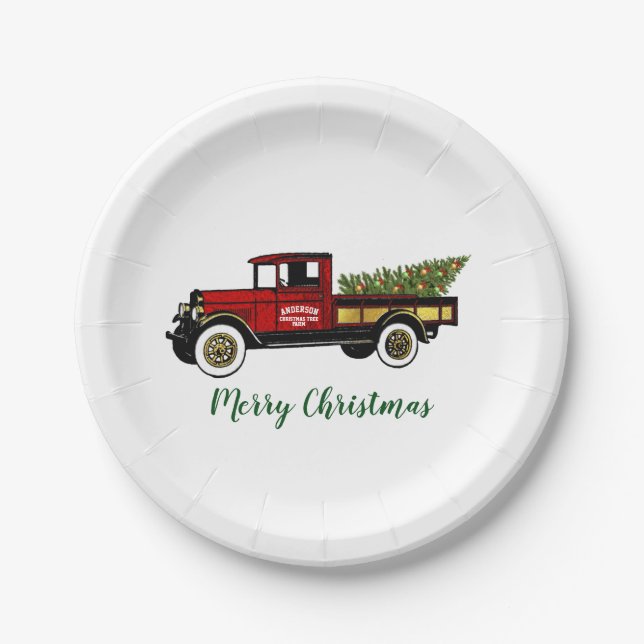 Vintager LKW-Weihnachtsbaum-Bauernhof Pappteller (Vorderseite)