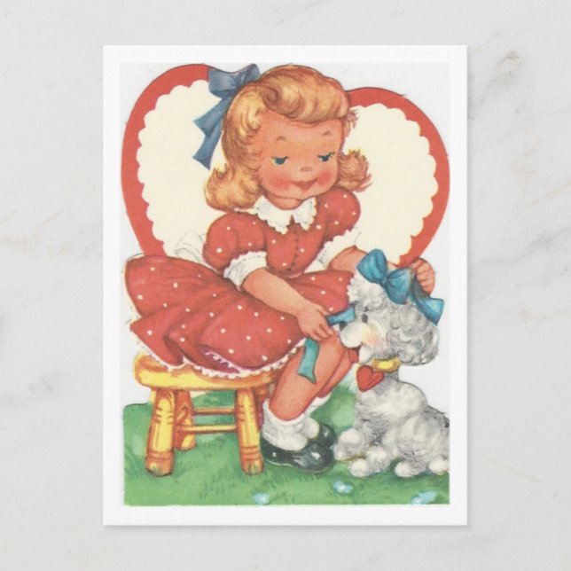 Vintager Mädchenund PudelValentine Feiertagspostkarte (Vorderseite)