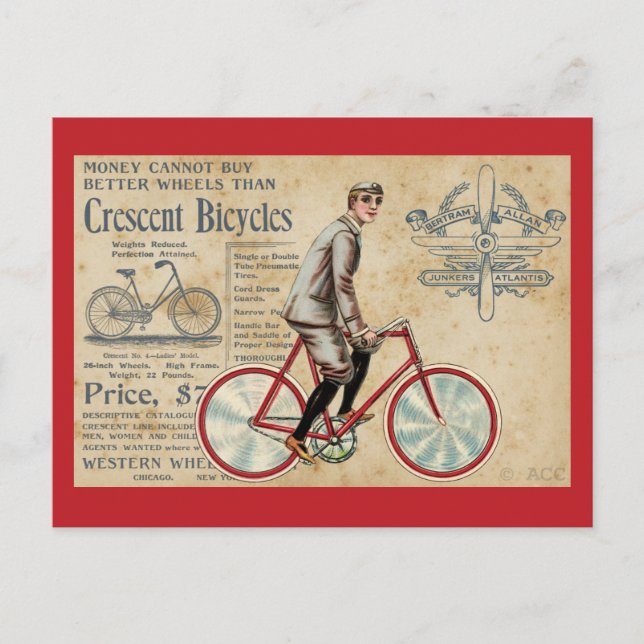 Vintager Mann, der rotes Fahrrad fährt Postkarte (Vorderseite)