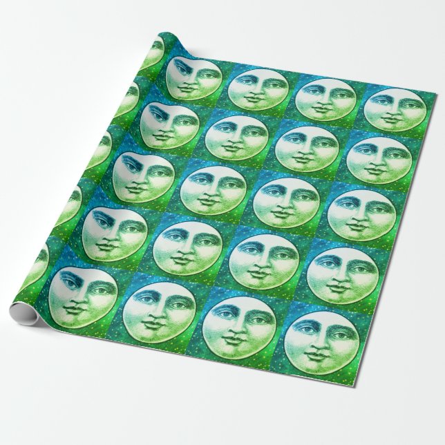 Vintager Mann im Mond Vollgesicht aquamariner blau Geschenkpapier (Ungerollt)