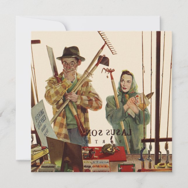 Vintager Mann und Ehefrau mit Gartenwerkzeugen (Vorderseite)