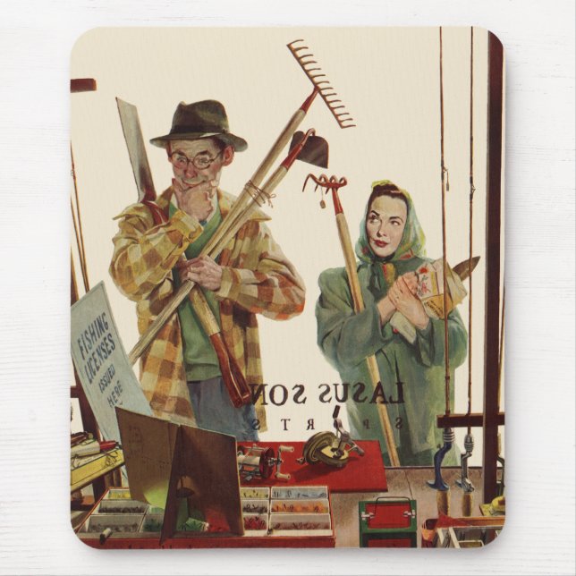 Vintager Mann und Ehefrau mit Gartenwerkzeugen Mousepad (Vorne)