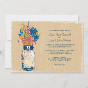 Vintager Mason Jar und Wildblumen Hochzeit Einladung