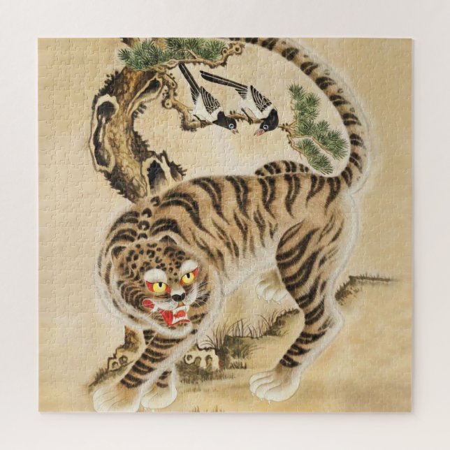 Vintager Minhwa Tiger unter Kiefernwald (Vertikal)