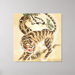 Vintager Minhwa Tiger unter Kiefernwald Leinwanddruck