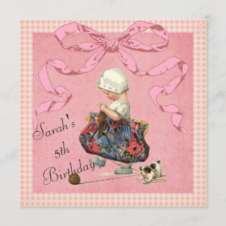Vintager Mode-Mädchen-Rosa-Band-Geburtstag lädt Einladung