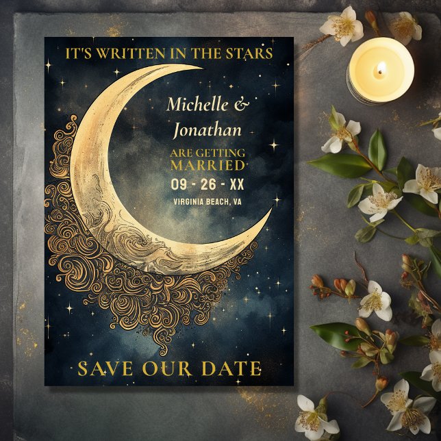 Vintager Mond, Sonne und Sterne Save The Date (Front - Vintage Moon, Sun and Stars Celestial Wedding Save The Date)