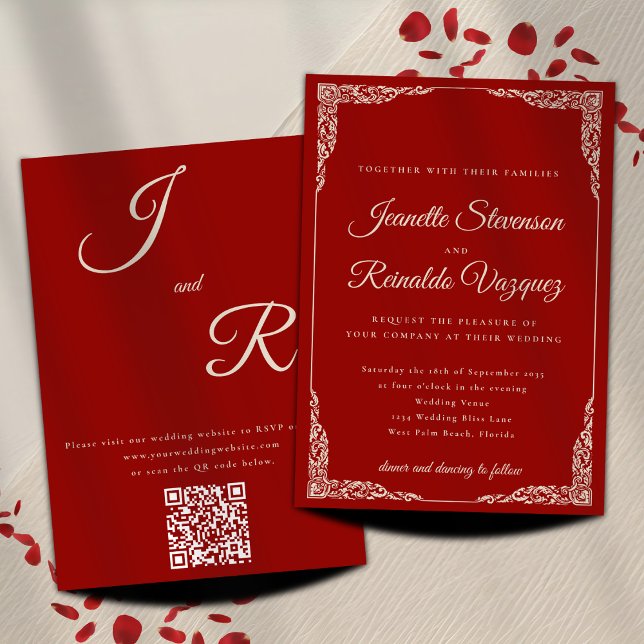 Vintager monochromatischer Ruby Red QR Code Hochze Einladung (Von Creator hochgeladen)