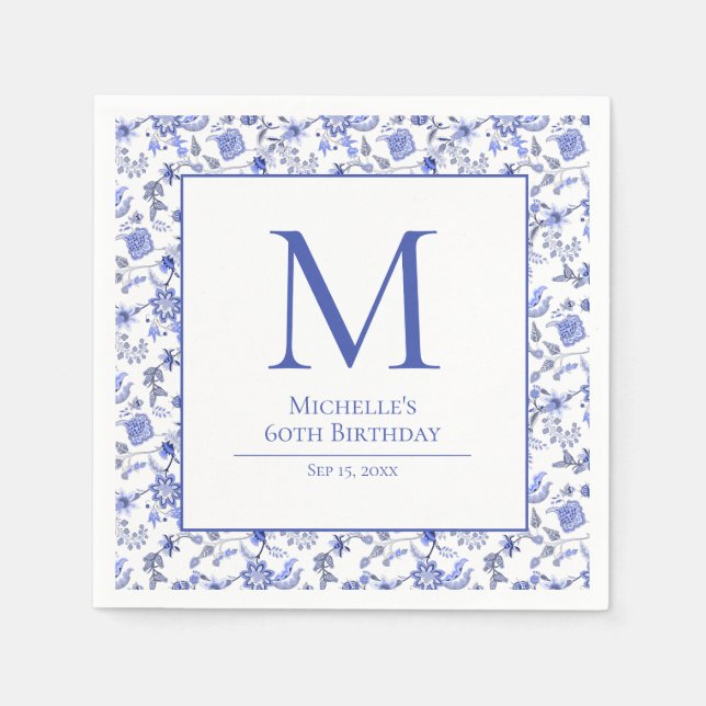 Vintager Monorgam Blaue Flora Geburtstag Serviette (Vorderseite)