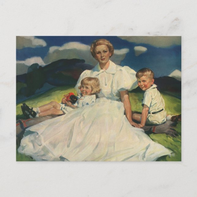 Vintager Muttertag, Mama mit Kindern Postkarte (Vorderseite)