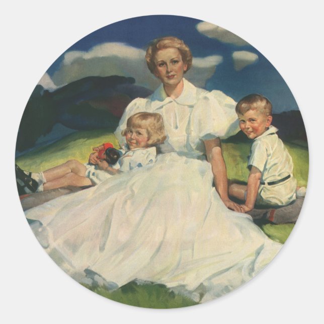 Vintager Muttertag, Mama mit Kindern Runder Aufkleber (Vorderseite)
