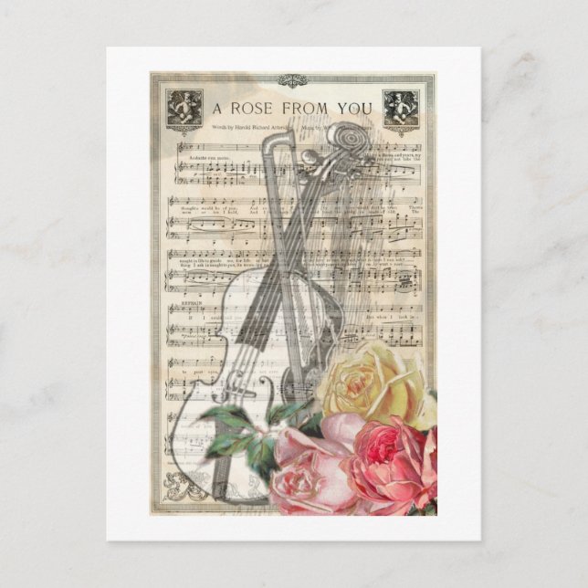 Vintager Muttertag Violinmusik mit Rose Postkarte (Vorderseite)