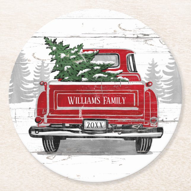 Vintager Name der Familie Red Truck Runder Pappuntersetzer (Vorderseite)