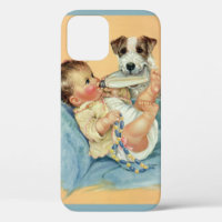 Vintager Niedlicher Baby Boy mit Flasche und Welpe