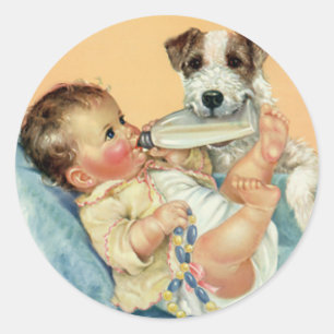 Vintager Niedlicher Baby Boy mit Flasche und Welpe Runder Aufkleber