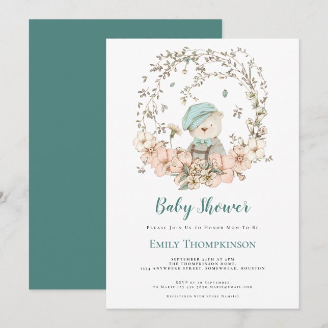 Vintager Niedlicher Bärenblätterturquoise Kinderdu Einladung (Vorne/Hinten)