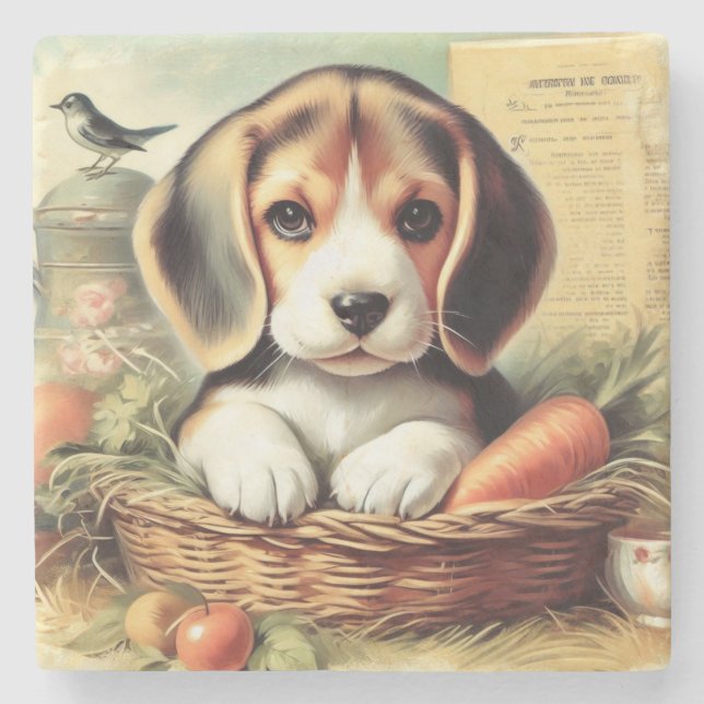Vintager Niedlicher Beagle Welpe Steinuntersetzer (Vorderseite)