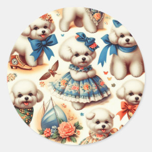 Vintager Niedlicher Bichon Frisé Malerei Runder Aufkleber