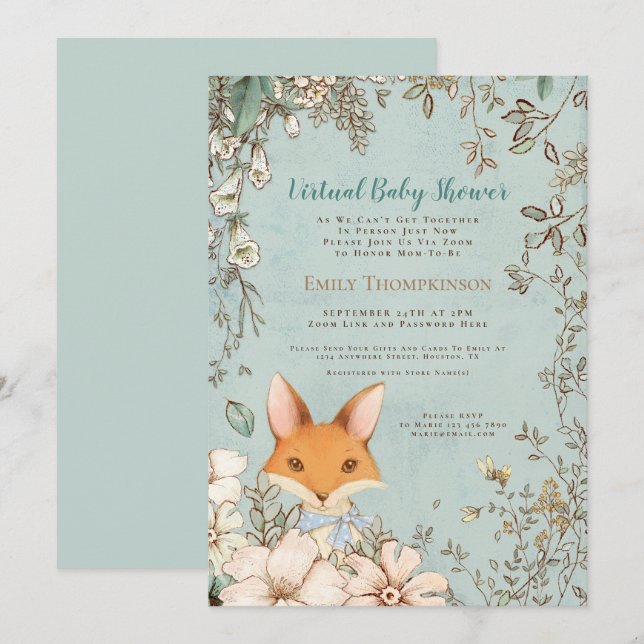 Vintager Niedlicher Fox Blütenleder Virtual Baby D Einladung (Vorne/Hinten)