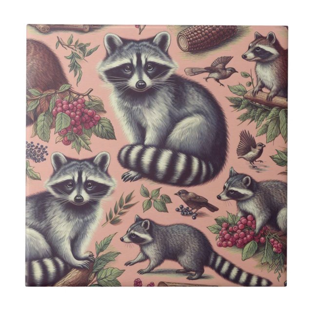 Vintager Niedlicher Racoon Fliese (Vorderseite)