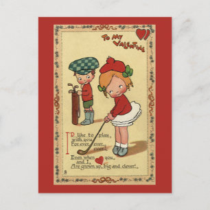 Vintager Niedlicher Valentinstag, Kindersport Golf Feiertagspostkarte