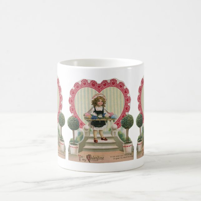 Vintager Niedlicher Valentinstag, Mädchen mit Blum Kaffeetasse (Mittel)
