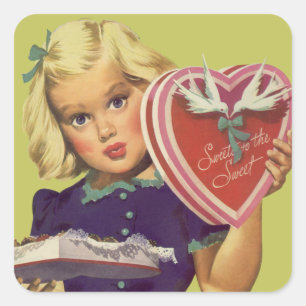 Vintager Niedlicher Valentinstag, Mädchen mit Scho Quadratischer Aufkleber