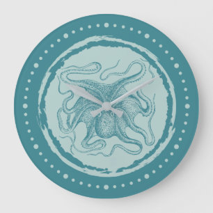 Vintager Oktopus Aqua Aquamarin Große Wanduhr