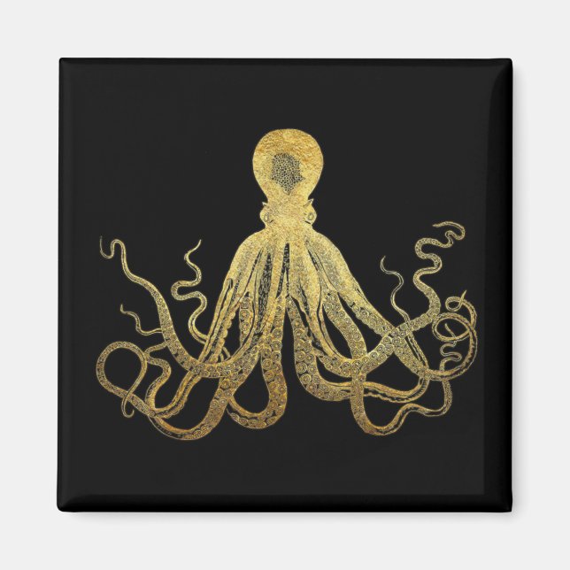 Vintager Oktopus Gold Schwarze Tinte Küste Nautic Magnet (Vorne)