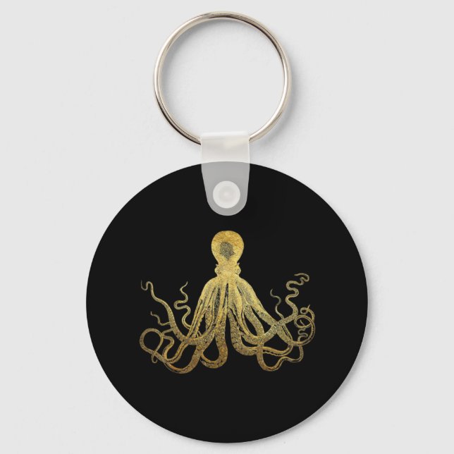 Vintager Oktopus Gold Schwarze Tinte Küste Nautic Schlüsselanhänger (Vorderseite)