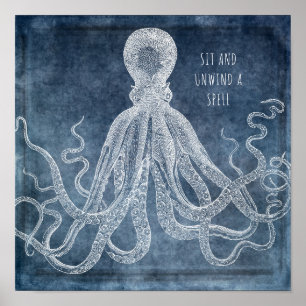 Vintager Oktopus Twilight Blue Watercolor Zitat Poster