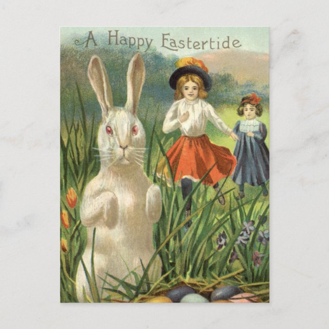 Vintager Osterhase und glückliche Kinder Feiertagspostkarte (Vorderseite)