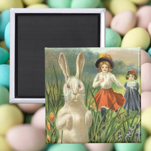 Vintager Osterhase und glückliche Kinder Magnet