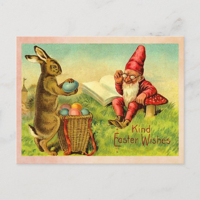 Vintager Osterhase und Gnome Feiertagspostkarte (Vorderseite)