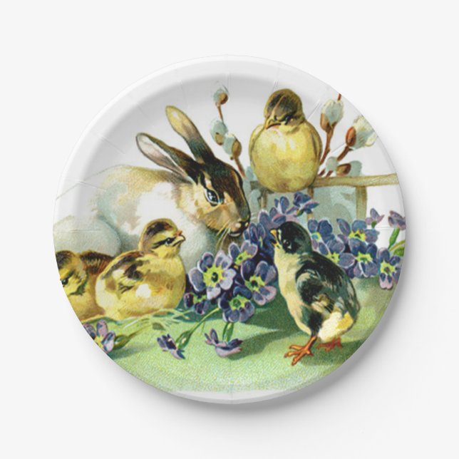 Vintager Osterhase und Küken Pappteller (Vorderseite)