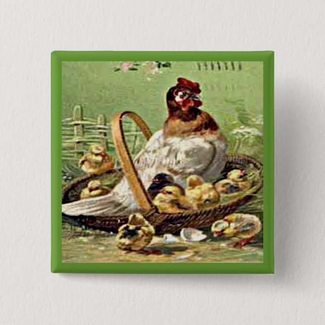 Vintager Osterhengst und -stäbchen im Korb Button (Vorderseite)