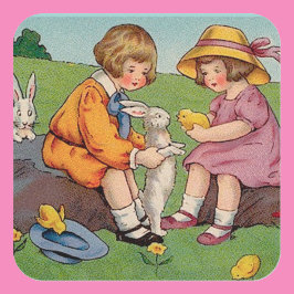 Vintager Osterjunge und Mädchen Quadratischer Aufkleber