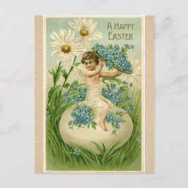 Vintager Ostern-Engel, der auf Ei mit Blumen sitzt Feiertagspostkarte