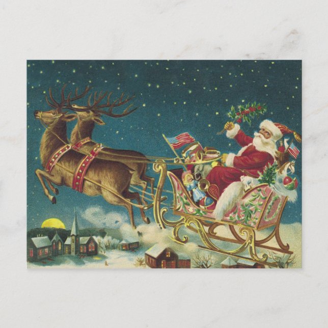 Vintager Patriotischer Weihnachtsmann und Schlitte Postkarte (Vorderseite)
