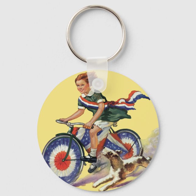 Vintager Patriotismus, Girl Riding a Patriotic Bik Schlüsselanhänger (Vorderseite)